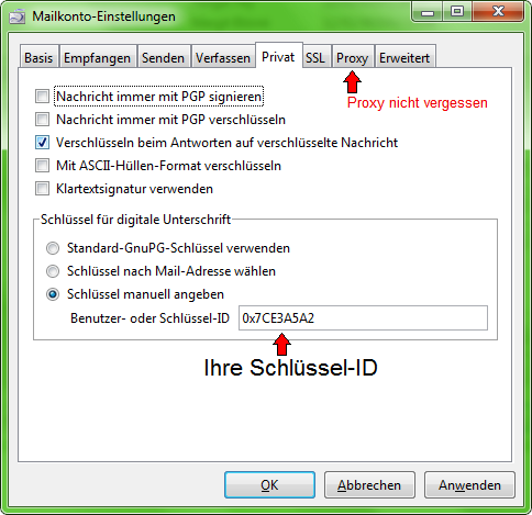 Key-ID im Mailkonto eintragen Key-ID im Mailkonto eintragen