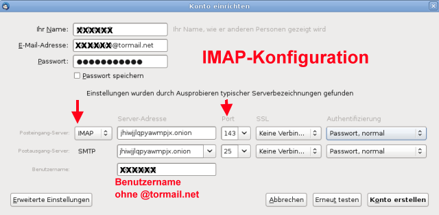 Thunderbird tormail IMAP Config